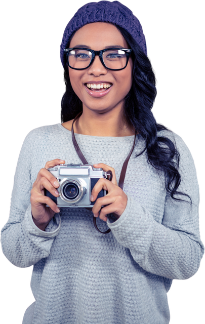 Fashionable Asian woman holding digital camera in transparent background - Download Free Stock Videos Pikwizard.com