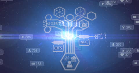 Digital Communication Tree with Futuristic Icons on Blue Background