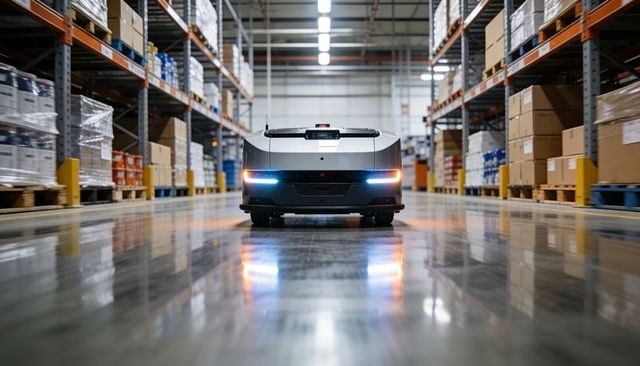 Autonomous mobile robot navigating polished warehouse aisle for automated fulfillment