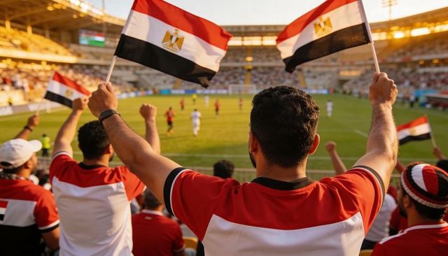 Egyptian football fans waving flags and cheering in sunset stadium during soccer match