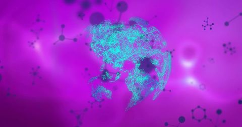 Glowing cyan wireframe globe forming in virtual space with connected nodes and molecular motif