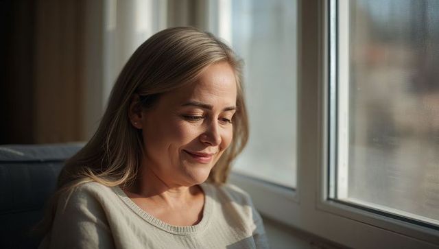Middle-aged woman relaxing by window in soft daylight, home serenity portrait