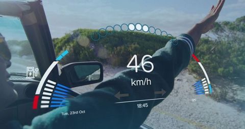 Technology and Freedom: Woman in Convertible with Futuristic HUD