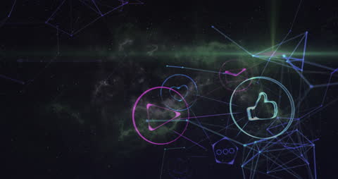 Abstract Digital Network with Social Media Icons on Cosmic Background