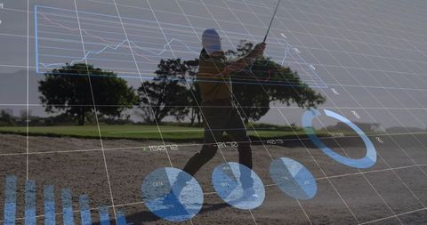 Golfer swinging bunker shot with augmented data overlays for sports analytics and training