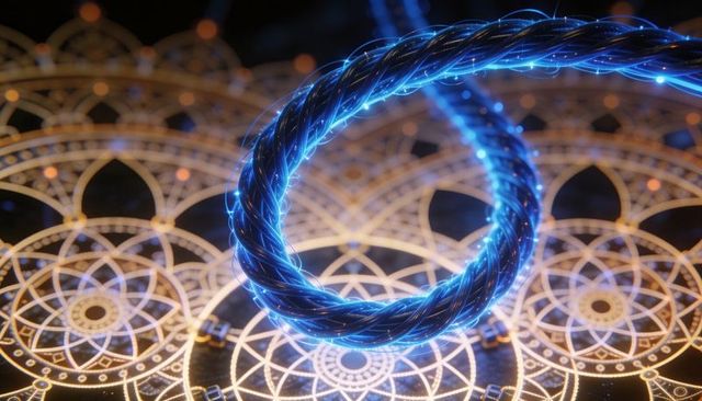 Hovering braided blue cable loop casting neon light over ornate gold mandala pattern