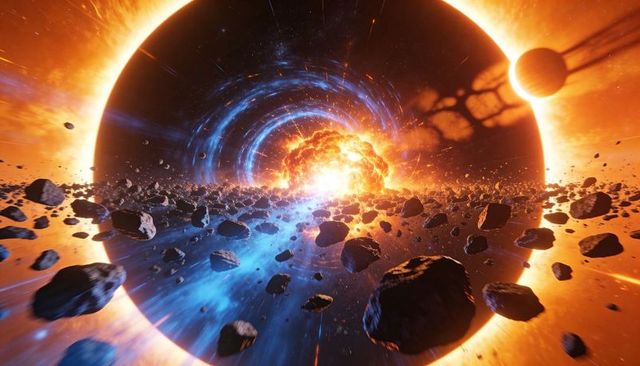 Explosive asteroid belt surfing toward stellar flare and blue vortex in deep space