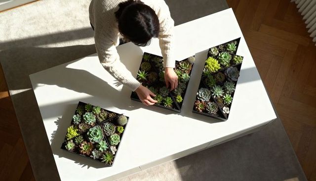 Overhead view of woman arranging succulent planters on bright table in sunlight
