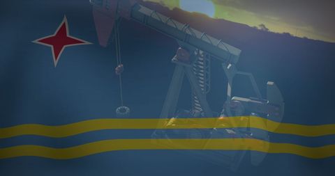 Aruba Flag Overlay on Oil Pump Silhouette at Sunset