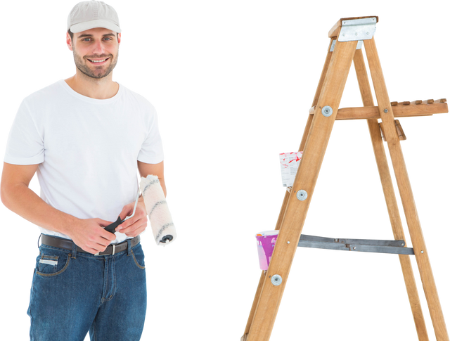 Transparent Background Portrait of Man Holding Paint Roller Beside Ladder - Download Free Stock Videos Pikwizard.com