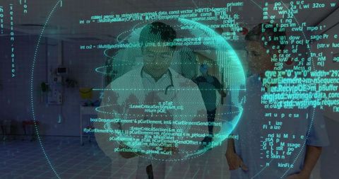 Walking Doctor in Clinic Corridor Displaying Holographic Globe of Code Augmented Reality