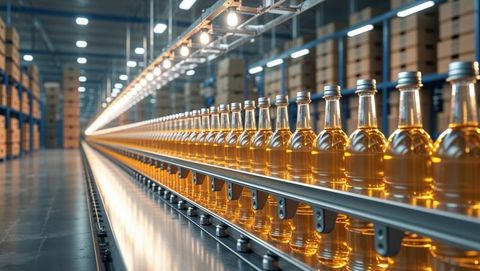 Glass bottles of corn syrup on conveyor in modern bottling facility