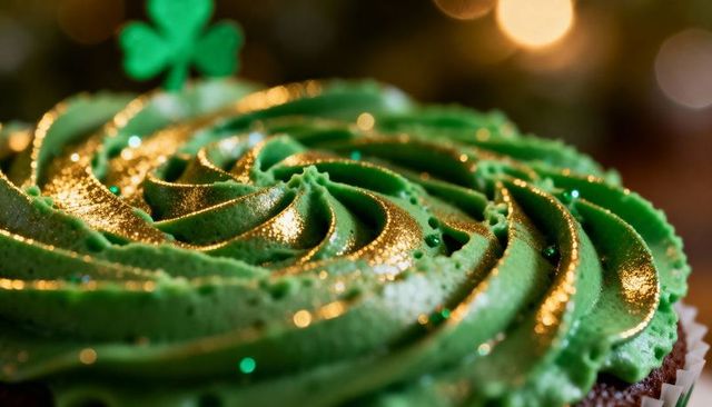 Green frosting rosette cupcake with gold shimmer and shamrock pick for st patricks day