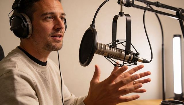Hosting podcast in intimate studio with professional broadcast microphone and headphones