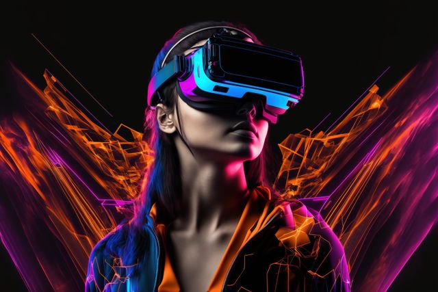 Young woman wearing VR headset stands against dark background with vibrant neon effects, representing immersive digital experiences. Perfect for use in technology blogs, gaming websites, augmented reality promotions, or futuristic concept displays.