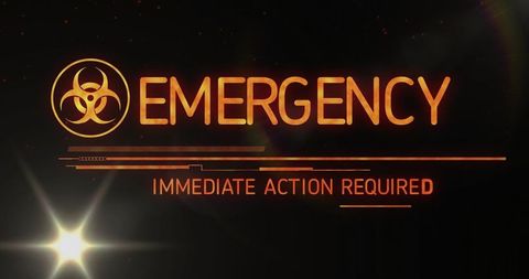 Glowing emergency hud with biohazard symbol and immediate action required alert