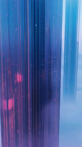 Vertical Zoom Over Neon-Lit Tower Revealing Futuristic Cyberpunk Skyline Above Clouds