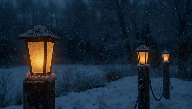 Glowing lanterns casting amber light along snowy pathway on frosted wooden posts