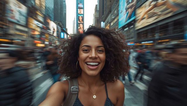 Smiling Woman Capturing Selfie Moment in Lively City Street