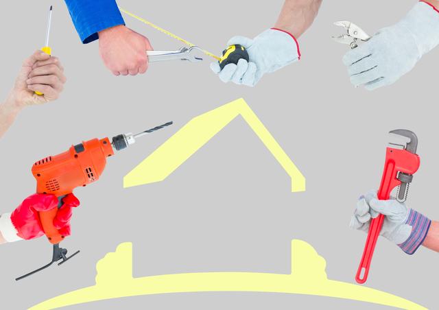 Digital composite of A lot of hands with different tools with yellow house background