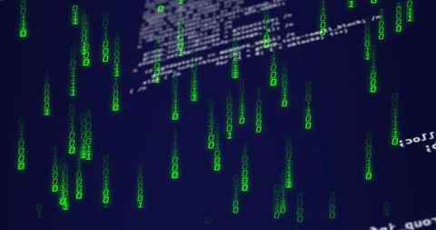Cascading green binary code on dark abstract background
