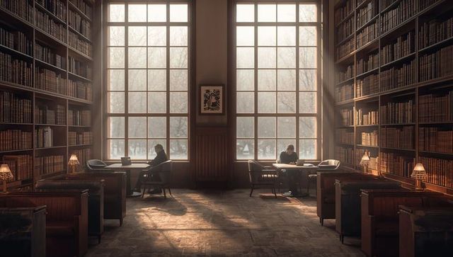 Two students studying and working on laptops in sunlit vintage library with tall windows