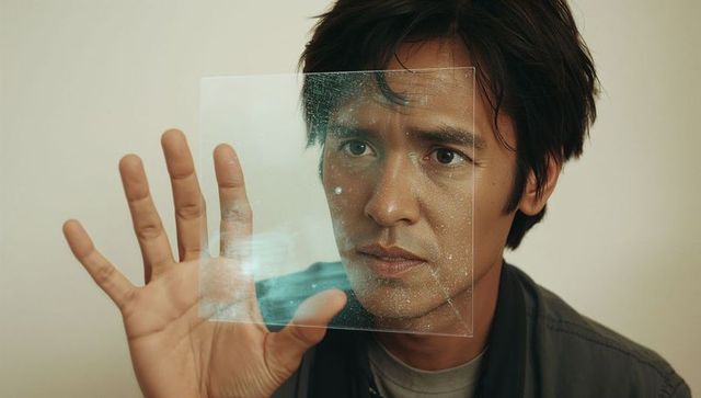 Asian man peering through clear glass pane with water droplets and reflective square panel