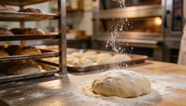Sprinkling flour over round dough boule resting on floured table with bakery ovens behind