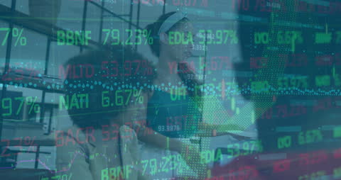 Digital Financial Data Overlaying Diverse Business Team in Office