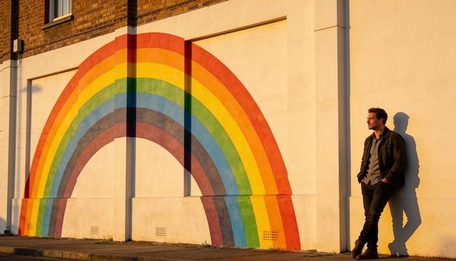 Leaning man wearing dark jacket beside vibrant rainbow mural during golden hour