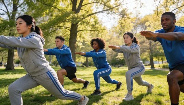Group performing forward lunges in sunny park during outdoor fitness training session