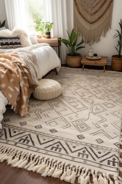 White rectangular rug with pattern on floor in bedroom, created using generative ai technology. House interior design, decorations and textile concept digitally generated image.