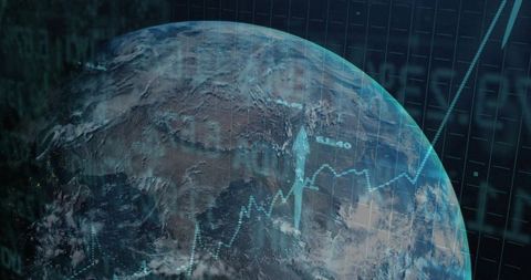 Rotating Earth Displaying Neon Data Grid and Upward Arrow for Global Market Analytics