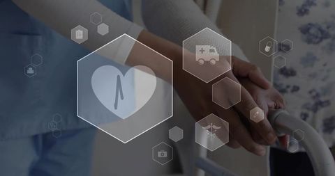 Nurse Assisting Senior with Walker Overlaid with Medical Icons