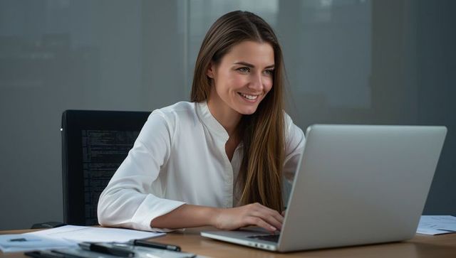 Woman Typing on Laptop in Modern Office Setting