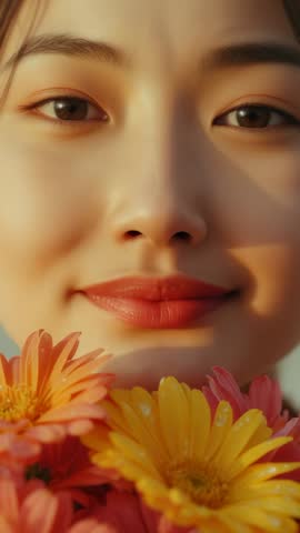 Asian woman smelling gerbera bouquet and gazing at camera in golden hour vertical video
