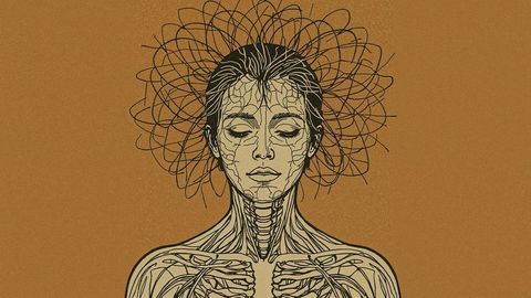 Neural anatomy of female figure on brown backdrop with halo