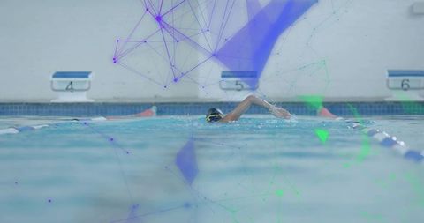 Woman Freestyle Swimming in Training Pool with Futuristic Digital Overlay