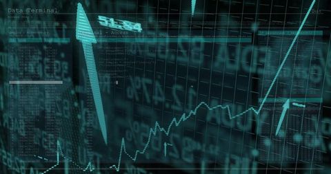 Holographic Financial Dashboard Showing Rising Arrow and Dotted Market Time Series