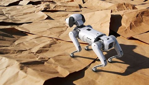 White quadruped robot walking over crumpled kraft paper terrain showing sensor panels