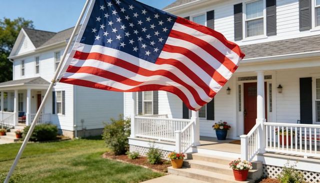Waving american flag over suburban white house porch with red door and potted flowers