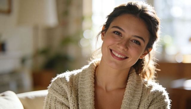 Sunlit smiling woman in cream knit cardigan cozy home portrait with warm bokeh light