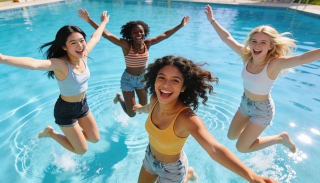 Teenage friends jumping and splashing in bright blue pool laughing summer denim shorts