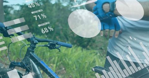 Cyclist Analyzing Smartwatch Data with Futuristic Interface Overlay