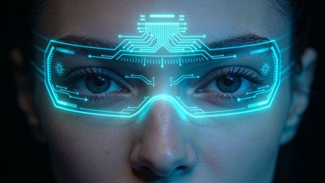 Gazing adult woman wearing holographic ar glasses with microchip forehead interface