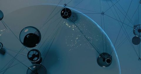 Orbiting glass spheres tethering planetary night lights, futuristic network concept