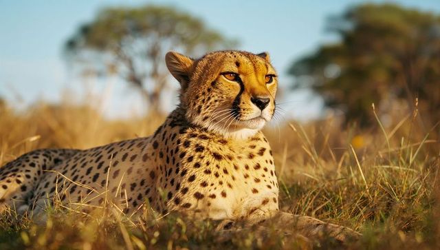 Cheetah resting majestically in serene savanna landscape