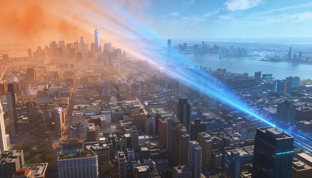 Futuristic blue energy beam cutting diagonal across coastal metropolis skyline at sunrise