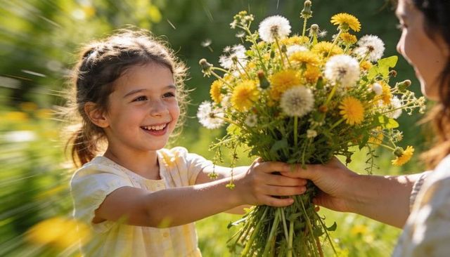 Smiling girl receiving wildflower bouquet from parent in sunlit meadow, dandelion joy