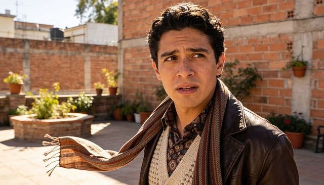 Hispanic man standing on sunlit rooftop wearing leather jacket, knit vest, blowing scarf